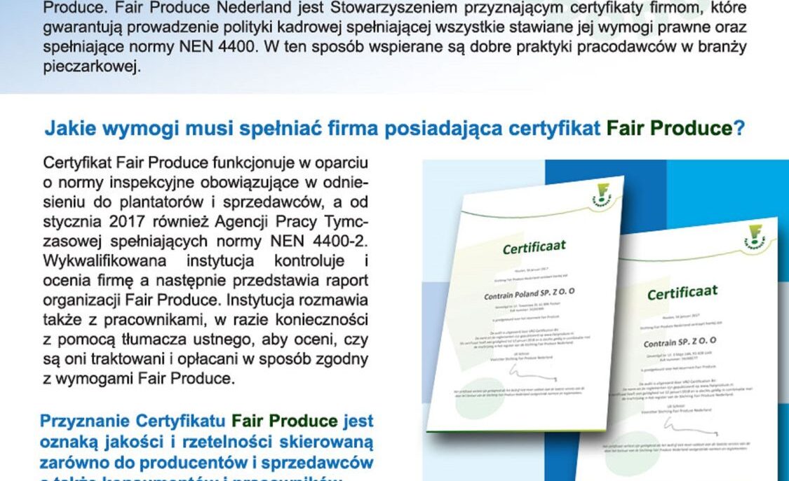 Fair Produce – Certyfikat dla Contrain